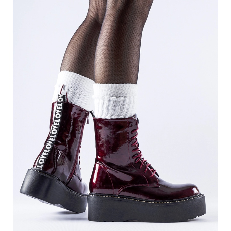 Burgundy patent workers on the Leos platform red 1