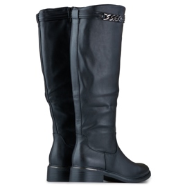 Women's knee-high boots with a flat sole made of eco-leather black 1