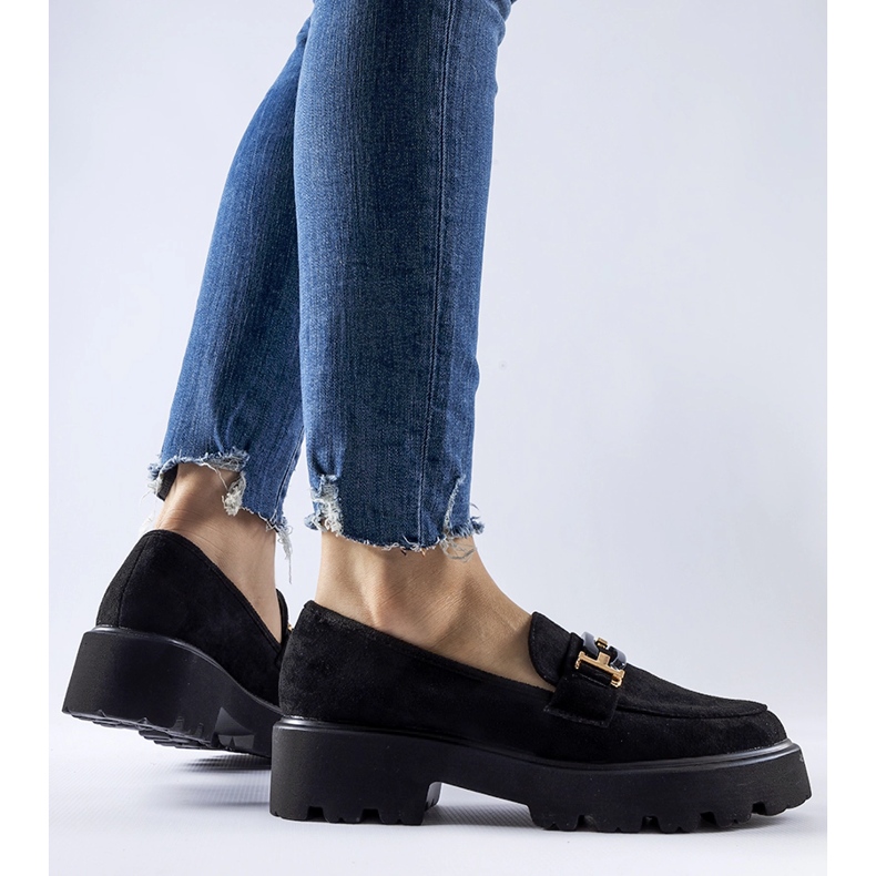 Black moccasins decorated with a Pisa buckle 1