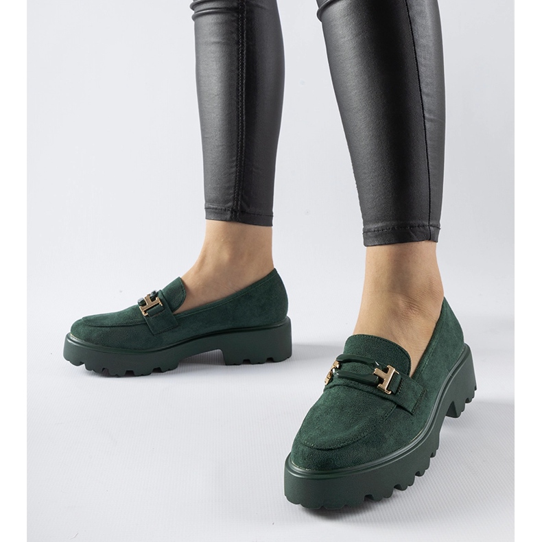 Green moccasins decorated with a Pisa buckle 1