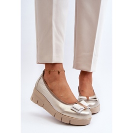 Lewski Shoes Leather ballerinas on a platform with decoration, Golden Lewski 3384 2