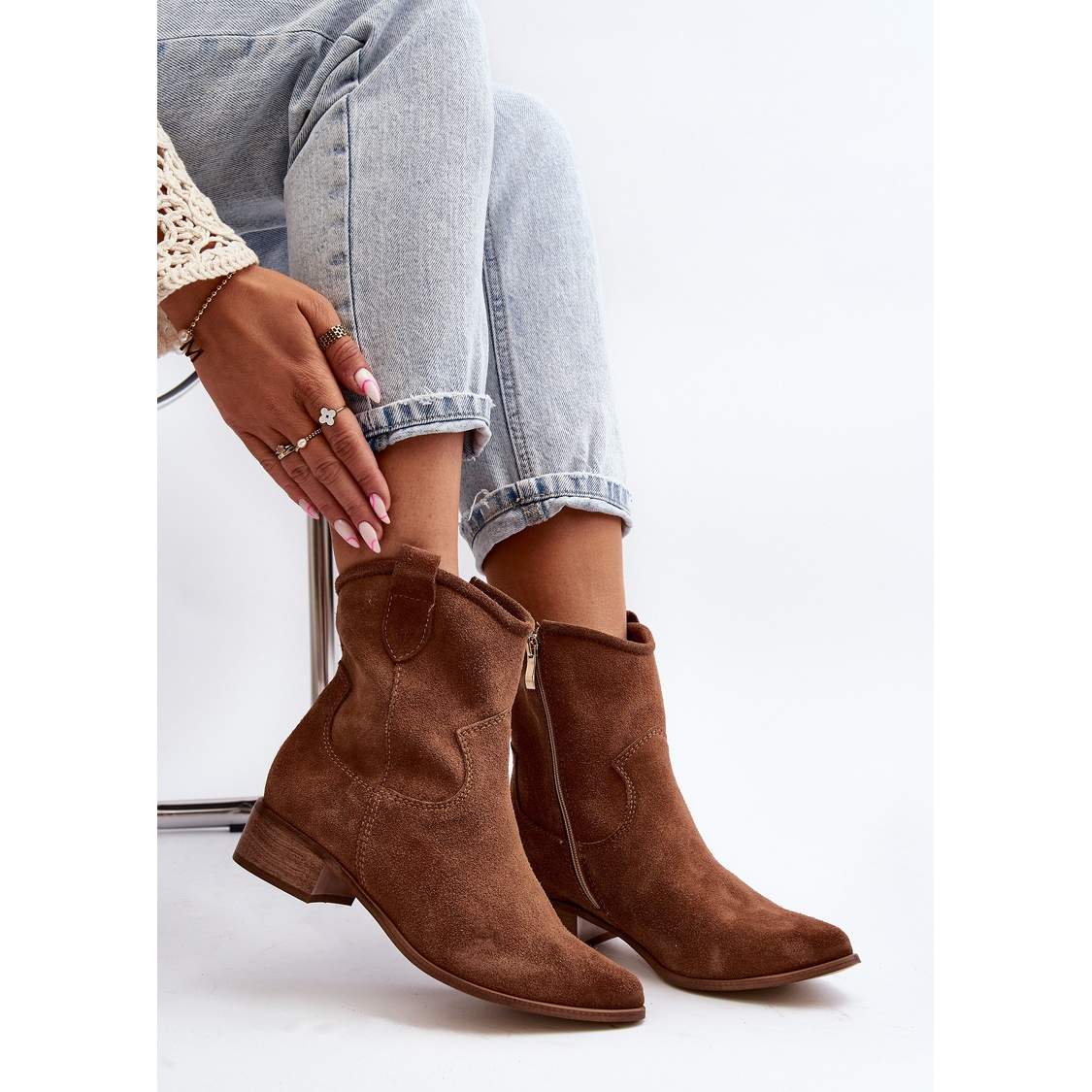 Suede cowboy boots with a low heel Fashionable Shoes