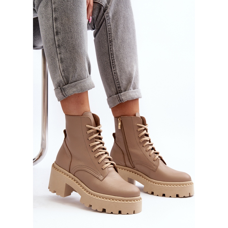 Zazoo 3413 Women's Leather Worker Ankle Boots With Massive High Heels, Beige 2 Zazoo 3413 Women's Leather Worker Ankle Boots With Massive High Heels, Beige 2