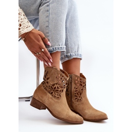 Zazoo 3404 Openwork Cowboy Boots On Low Heels Suede Beige 2