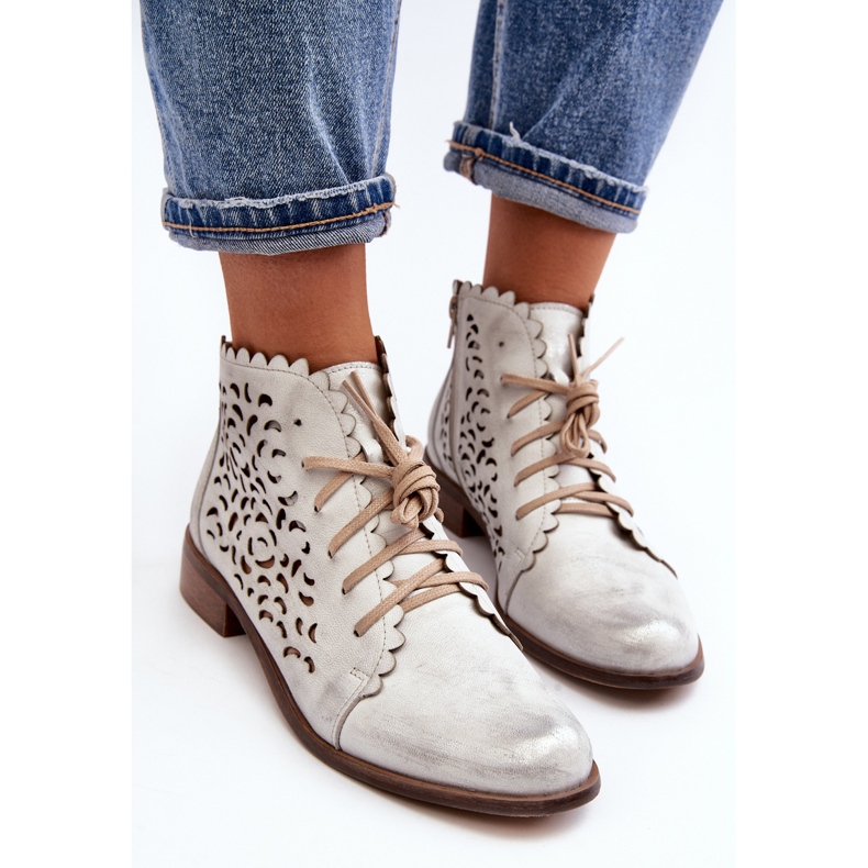 Zazoo 2871 Women's Openwork Lace-up Ankle Boots, Silver 1