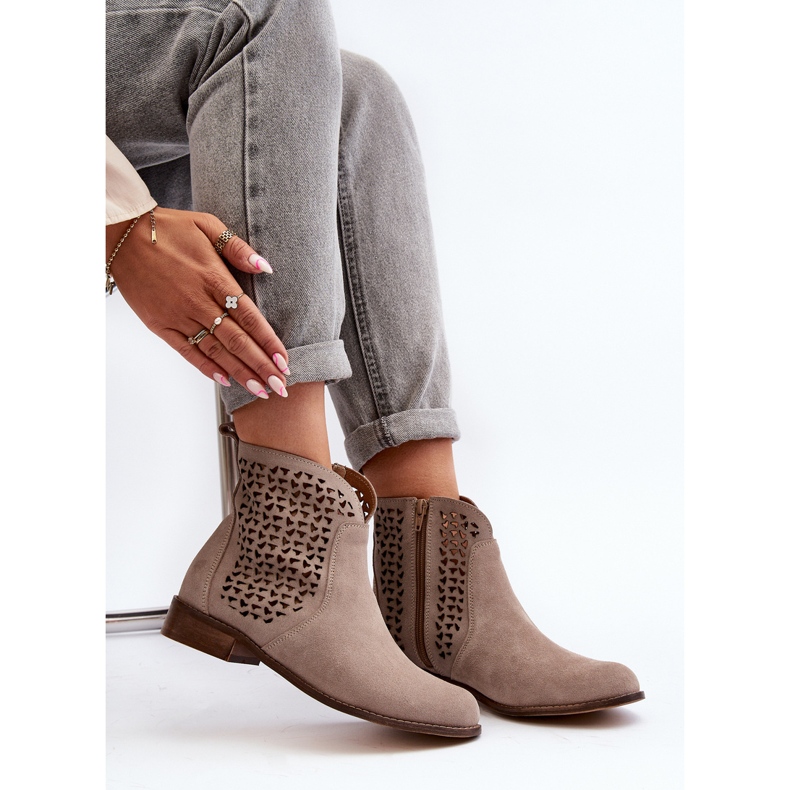 Zazoo 2791 Suede Openwork Ankle Boots, Beige 1
