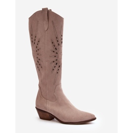 Zazoo 2909 Suede Openwork Boots On Low Heels, Beige 1