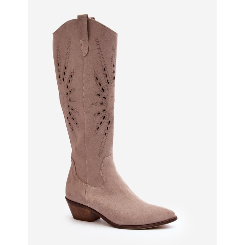 Zazoo 2909 Suede Openwork Boots On Low Heels, Beige 1