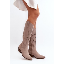 Zazoo 2909 Suede Openwork Boots On Low Heels, Beige 2