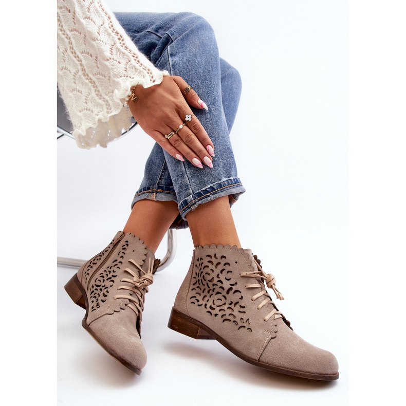 Zazoo 2871 Women's Openwork Lace-Up Ankle Boots, Beige 1