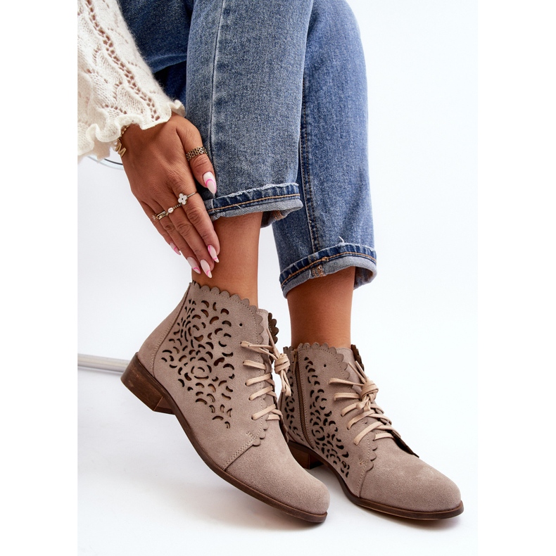 Zazoo 2871 Women's Openwork Lace-Up Ankle Boots, Beige 2