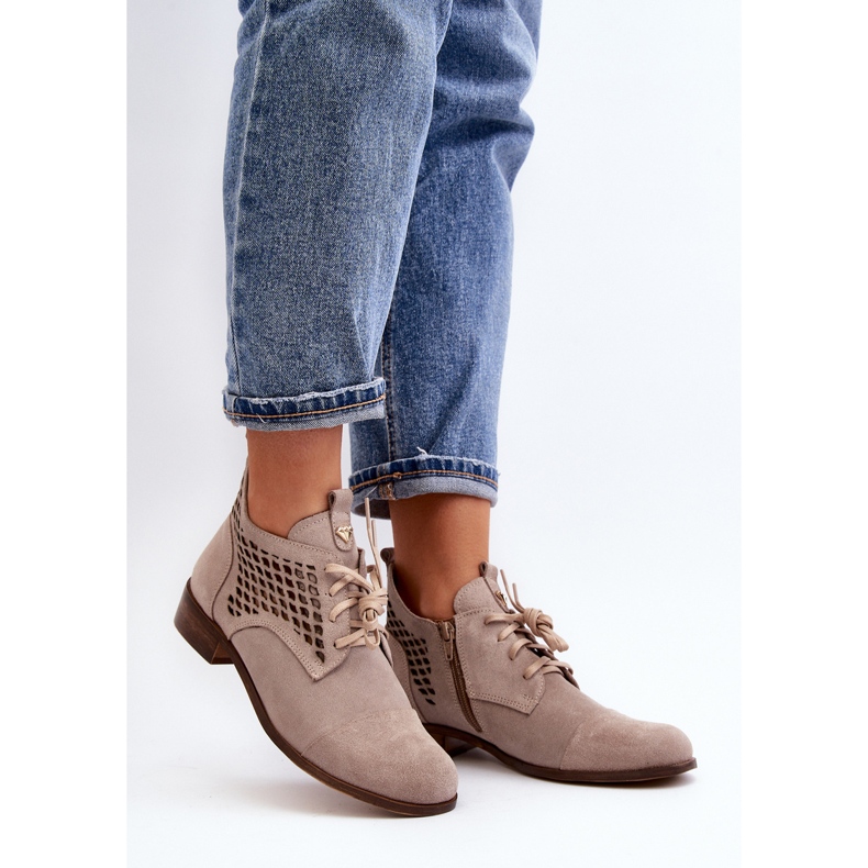 Zazoo 2878 Low Openwork Women's Boots, Suede, Beige 2