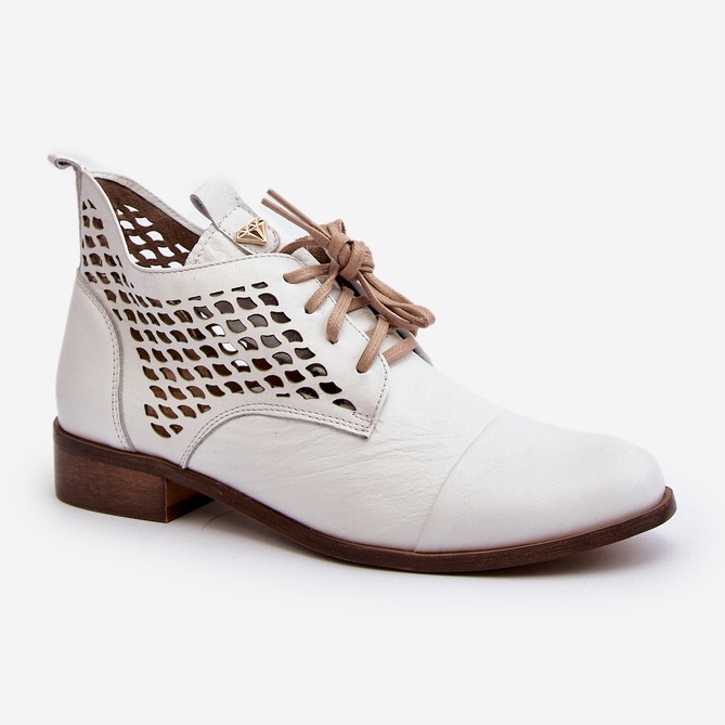 Zazoo 2878 Women's Low Openwork Leather Ankle Boots, White 2