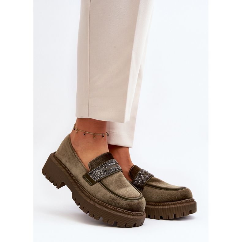 Women's Velor Moccasins With Decoration, Dark Green Wendreda 2