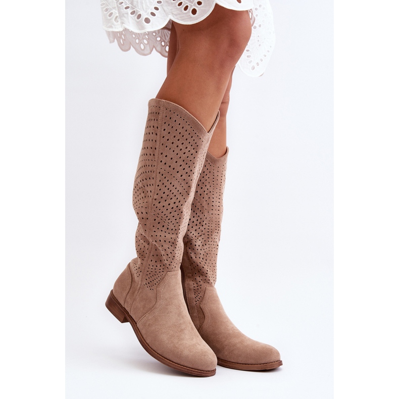 S.barski HY66-150 Openwork Boots On Flat Heels Beige 2