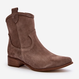 Zazoo 3329 Suede Cowboy Boots On Low Heels Dark Beige 2