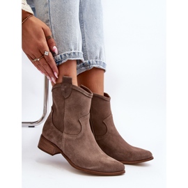 Zazoo 3329 Suede Cowboy Boots On Low Heels Dark Beige 1
