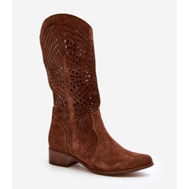 Zazoo 3305/P Suede Mid-Calf Boots Openwork Brown 1
