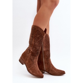 Zazoo 3305/P Suede Mid-Calf Boots Openwork Brown 2