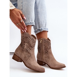 Zazoo 3305 Women's Openwork Low-Heel Cowboy Boots Suede Cappucino beige 2