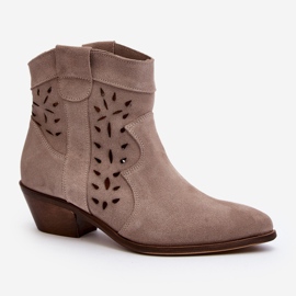 Zazoo 2870 Suede Openwork Low-Heel Boots, Beige 1