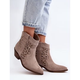 Zazoo 2870 Suede Openwork Low-Heel Boots, Beige 2