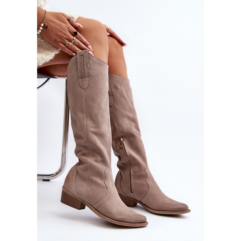 Zazoo 3427 Women's Suede Cappuccino Cowboy Boots beige 1