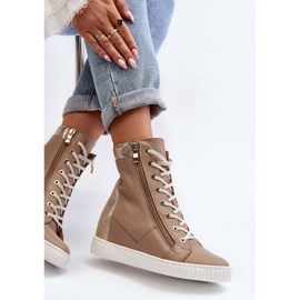 Zazoo 3081 Women's Leather Wedge Sneakers, Beige 1