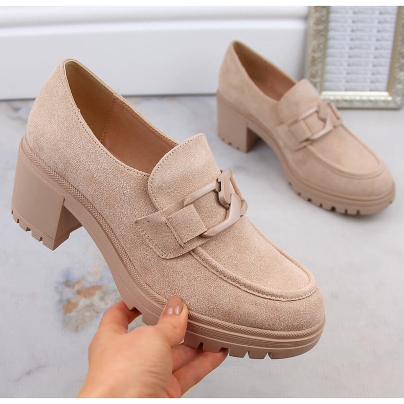 Women's shoes, suede moccasins on a high heel and platform, beige Vinceza 10921 1