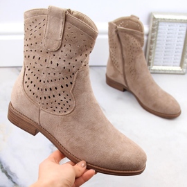 Beige suede women's openwork ankle boots S.Barski HY66-135 1