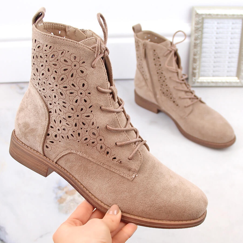 Women's suede openwork boots, beige S.Barski HY66-136 1