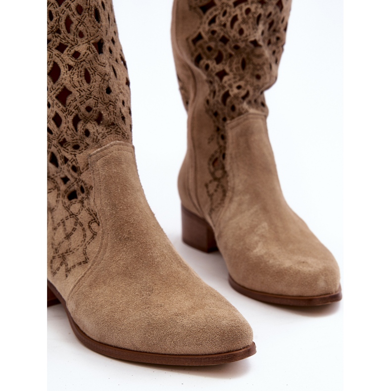 Zazoo 3403 Women's Openwork Boots On Low Heels Light Beige 2