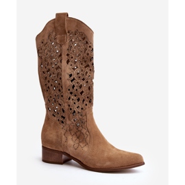 Zazoo 3403 Women's Openwork Boots On Low Heels, Beige 2