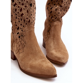 Zazoo 3403 Women's Openwork Boots On Low Heels, Beige 1