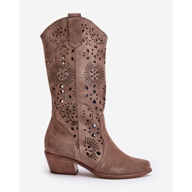 Zazoo 3396 Suede Openwork Mid-Calf Boots Dark Beige 2