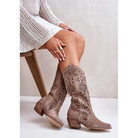 Zazoo 3396 Suede Openwork Mid-Calf Boots Dark Beige 1
