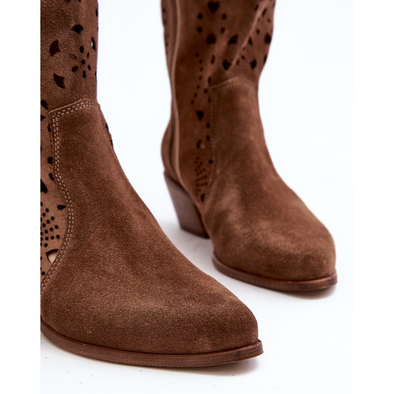 Zazoo 3396 Suede Openwork Mid-Calf Boots Brown 1