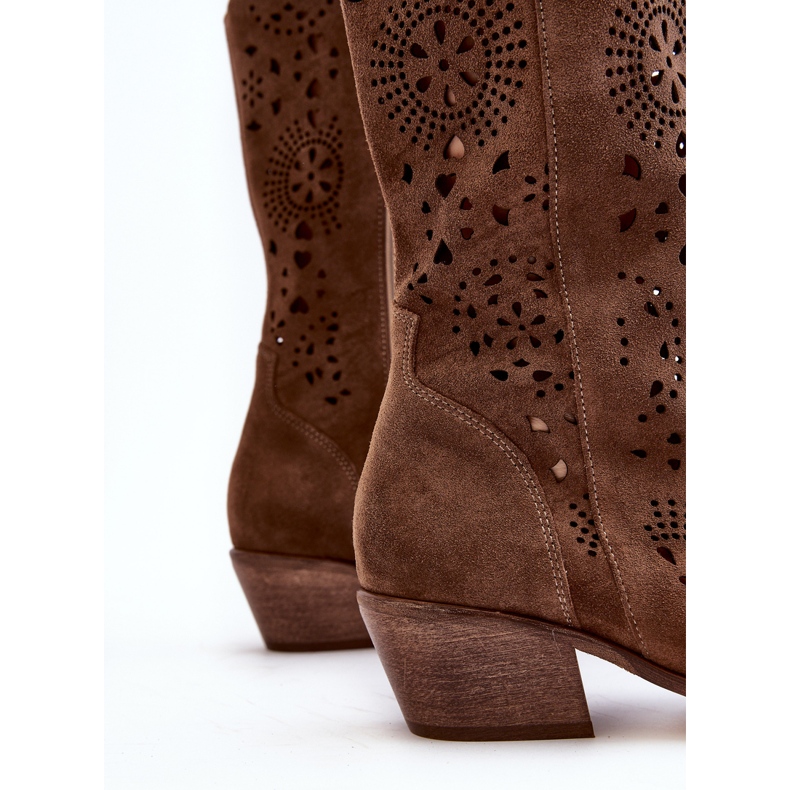 Zazoo 3396 Suede Openwork Mid-Calf Boots Brown 2