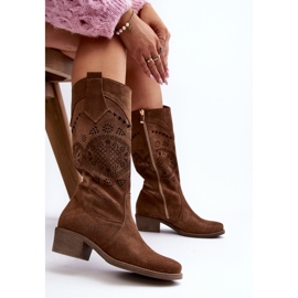 Zazoo 4043 Suede Openwork Low-Heel Boots Brown 1