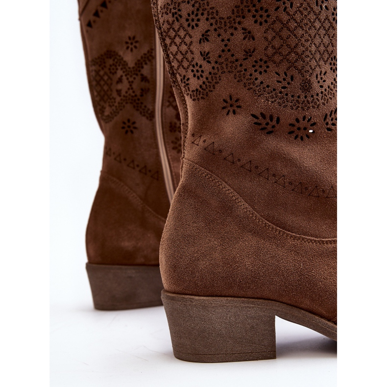 Zazoo 4043 Suede Openwork Low-Heel Boots Brown 2