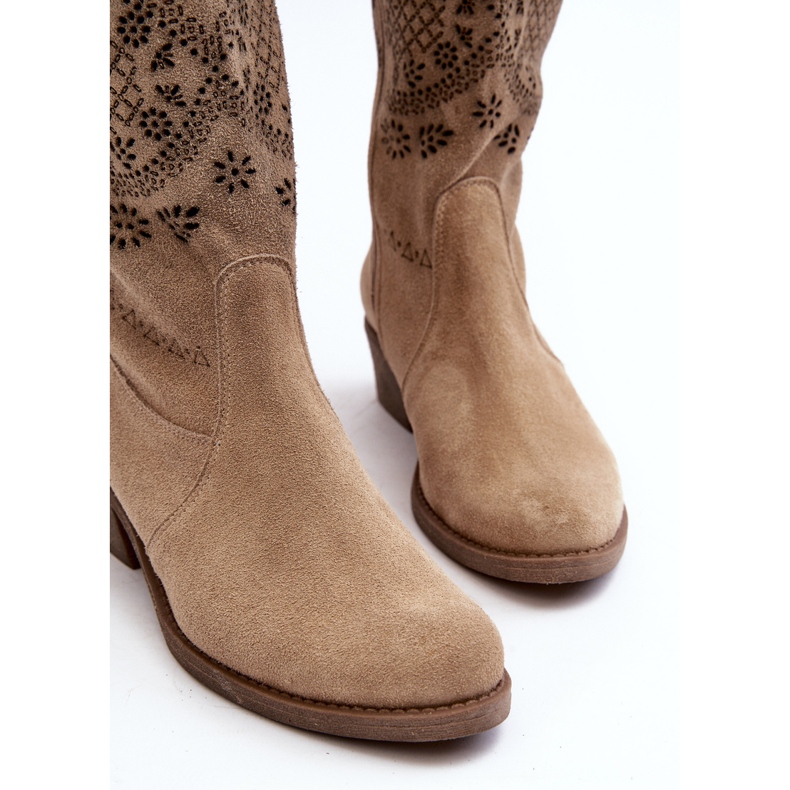 Zazoo 4043 Openwork Beige Suede Low-Heel Boots 1