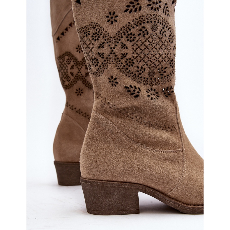 Zazoo 4043 Openwork Beige Suede Low-Heel Boots 2