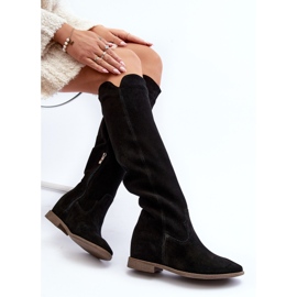 Zazoo 3407 Suede Knee-high Boots with Flat Heels, Black 1