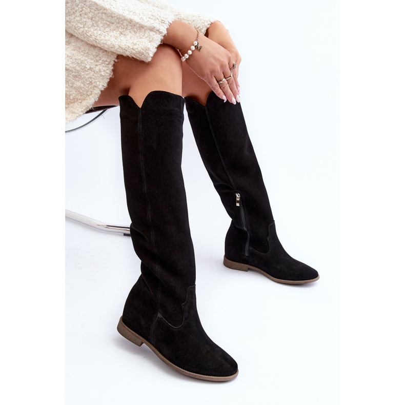 Zazoo 3407 Suede Knee-high Boots with Flat Heels, Black 2
