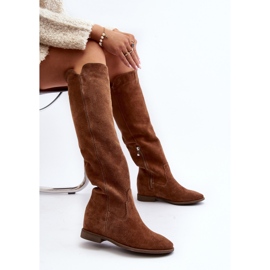 Zazoo 3407 Suede Knee-high Boots with Camel Flat Heels brown 1