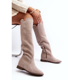 Zazoo 3407 Suede Knee-high Boots with Flat Cappuccino Heels beige 2