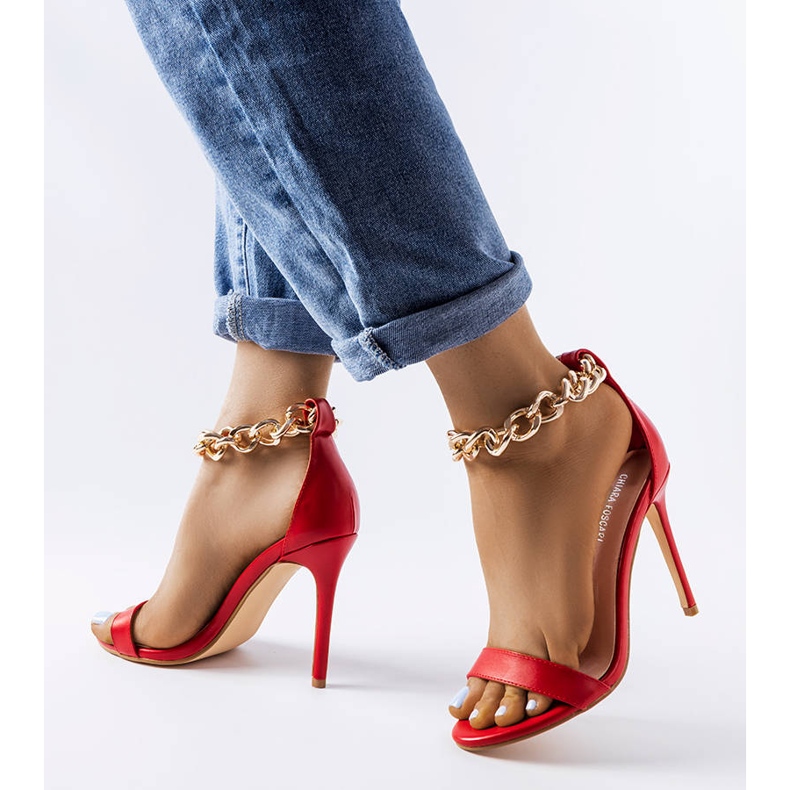 Red high heel sandals with a Morola chain 1