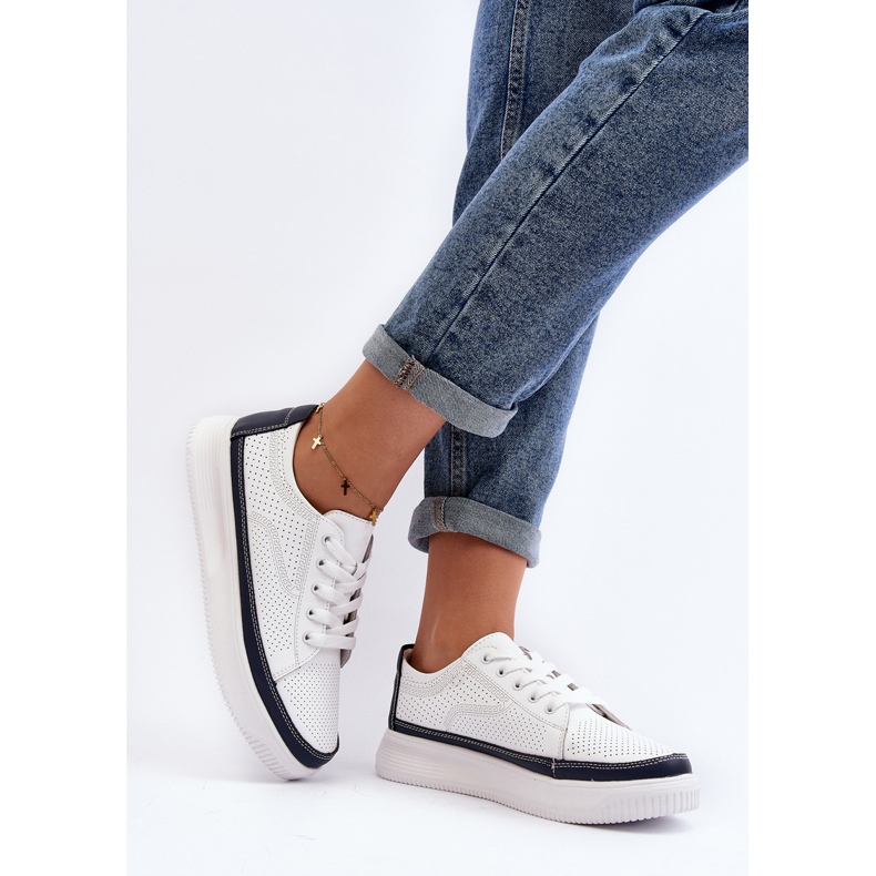 Sergio Leone Women's Leather Sports Shoes Sneakers White and Navy Blue Failla 2