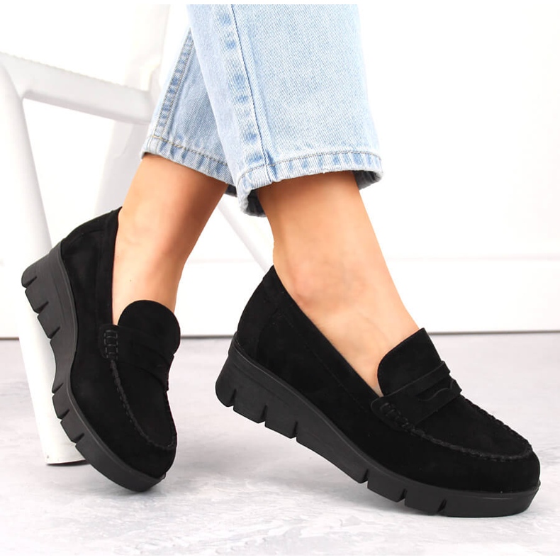 Suede women's shoes, wedge moccasins, black Potocki SZ12373 1