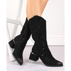 Women's suede openwork boots, black Potocki SZ12397 1